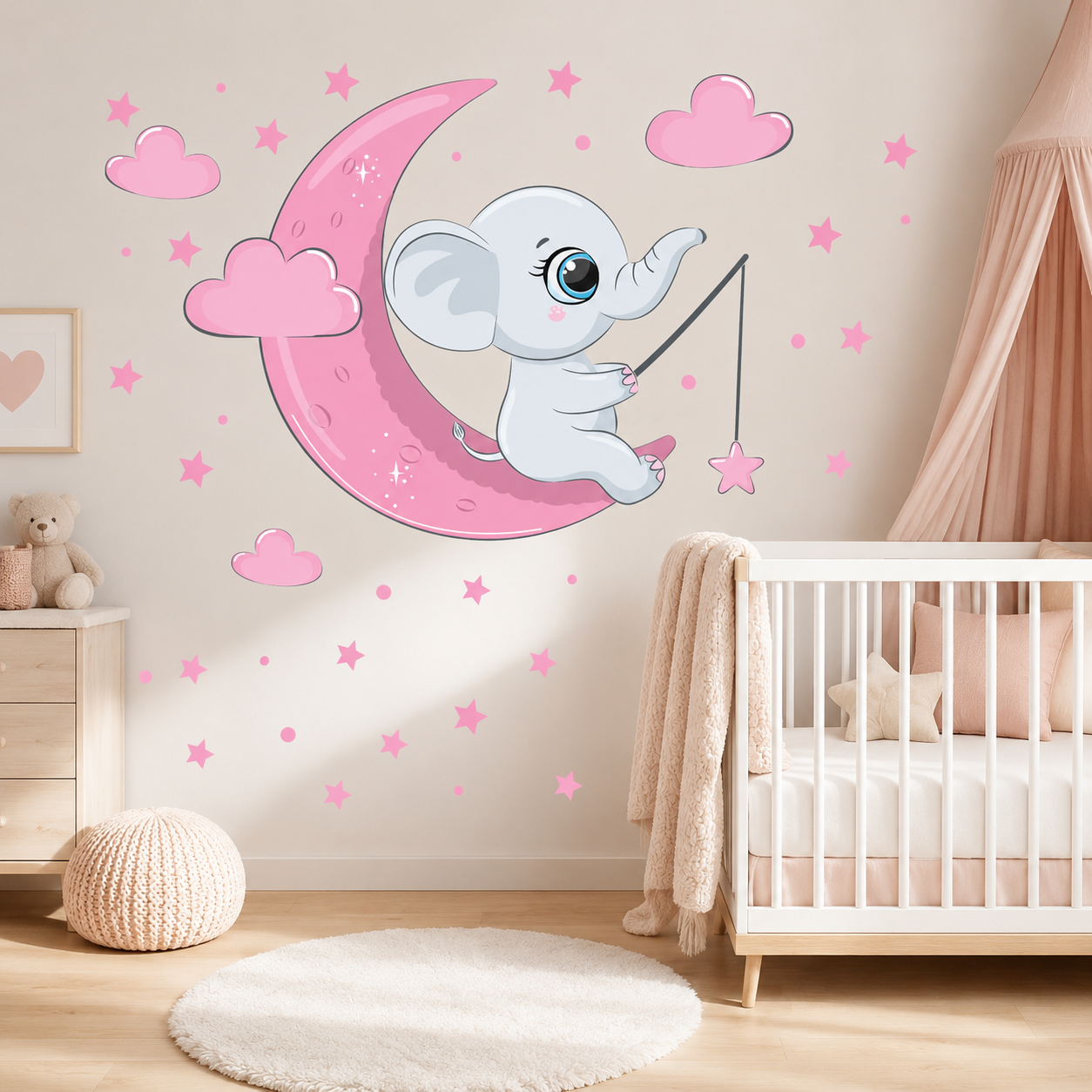 برچسب دیواری اتاق کودک - فیل کوچولو روی ماه - کد W008